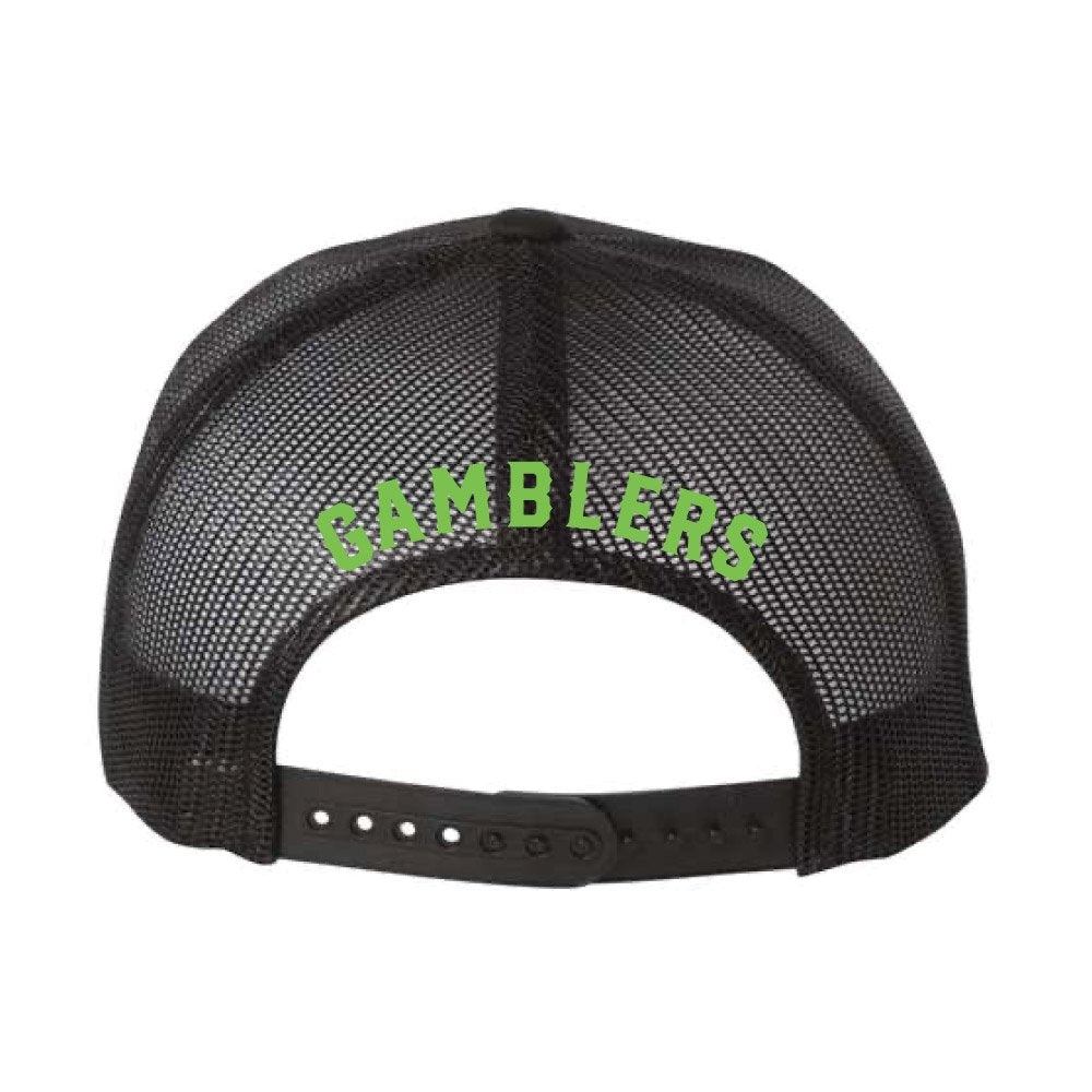 GAMBLERS embroidered on the back of the cap just above the opening of the snapback