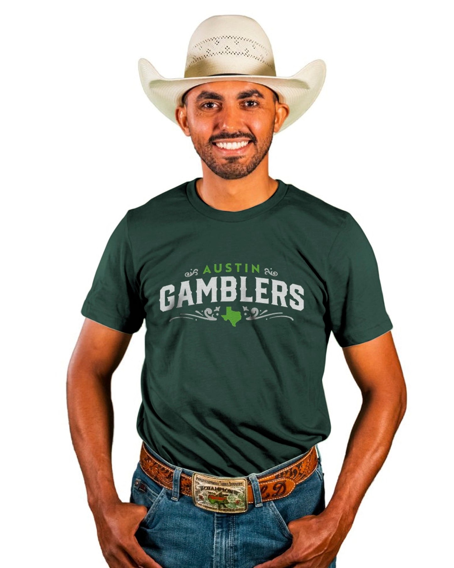 Gamblers Western Wordmark on Dark Green Tee